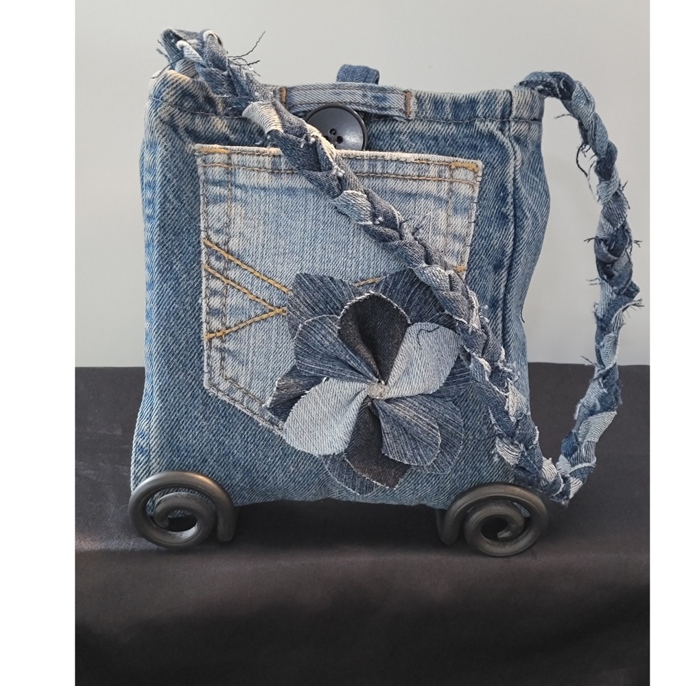 Handmade Upcycled Denim Crossbody Bag Blue Jean Flower Boho Braided‎ Strap Small